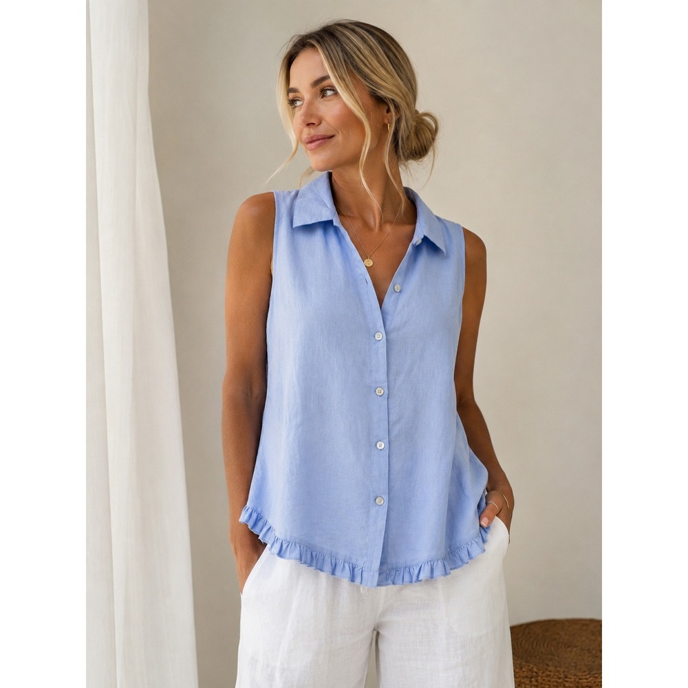 Edward 100% Linen Sleeveless Ruffle Hem Button Front Blouse XL Blue